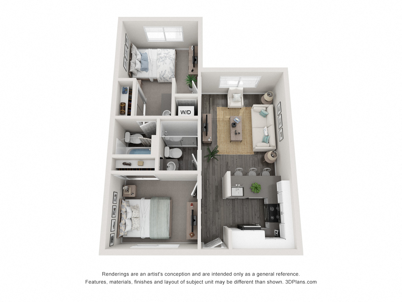 Floor plan for 2 beds, 2 baths, 698 sqft